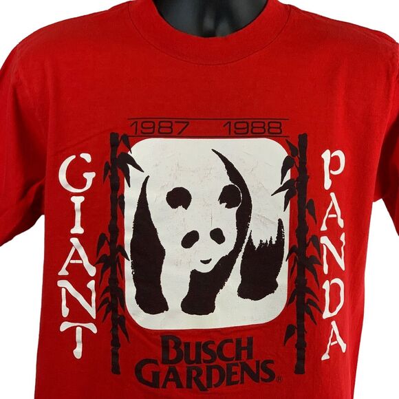 Vintage Busch Gardens Giant Panda Bear T Shirt Mens Medium 80s Red Made In USA - Picture 1 of 9